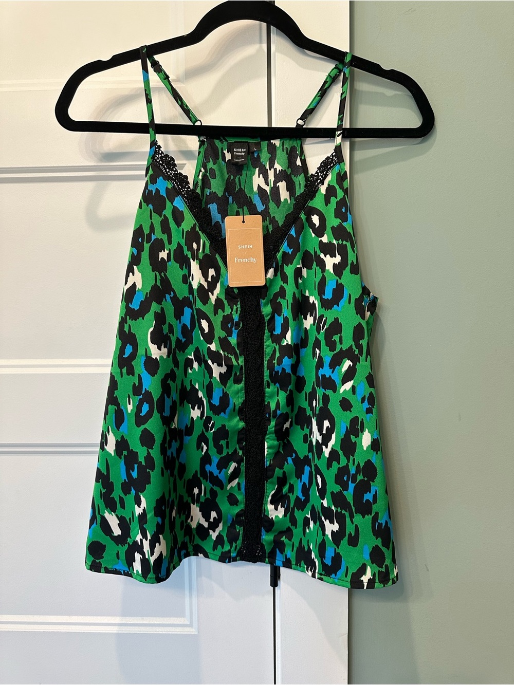 SHEIN Green & Blue Leopard Print Girls' Camisole with Black Lace Trim